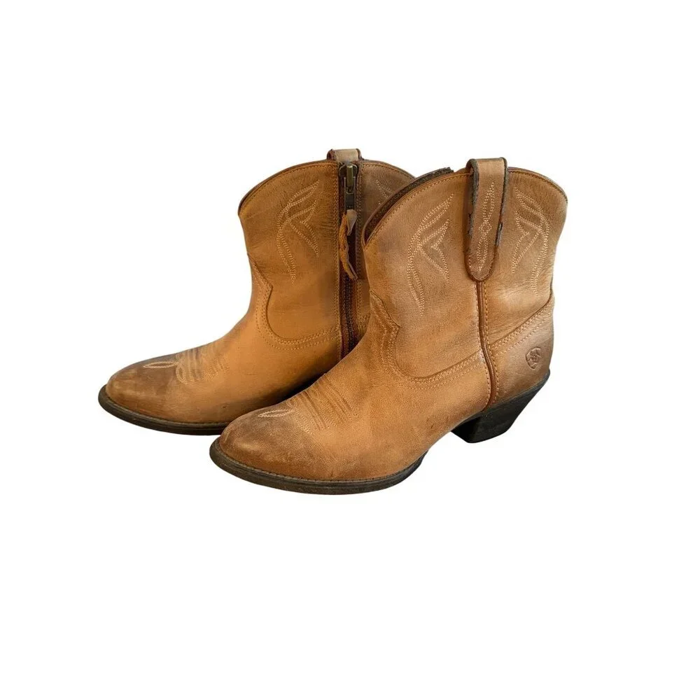 Ariat Womens Darlin Booties Size 6.5 Tan Leather Almond New West Heel Western